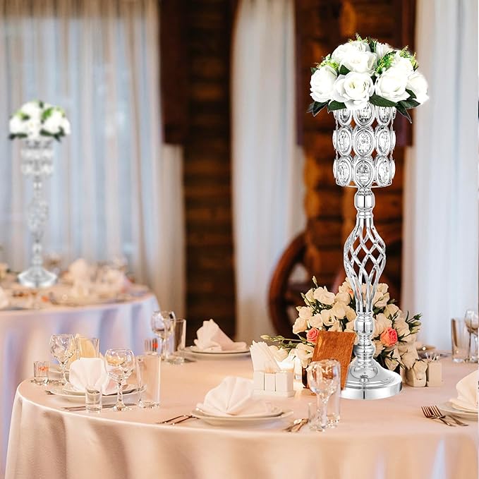 24in Wedding Centerpieces for Tables, 2pcs Silver Metal Diamond Crystal Wedding Flower Stand Centerpiece Vases for Table Decorations Reception Party Home Decor