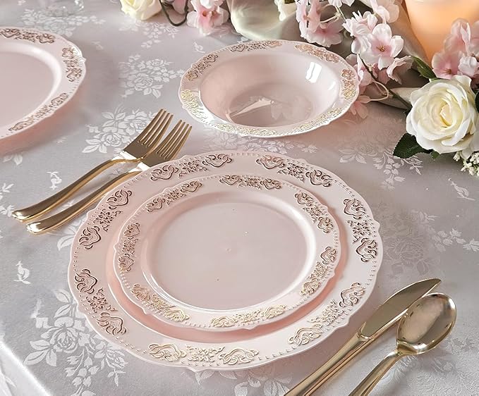 " OCCASIONS " 50 Plates Pack (25 Guests) Vintage Wedding Party Disposable Plastic Plate Set -25x10.25'' Dinner +25x7.5'' Salad/Dessert plates (Portofino Light Pink & Gold Accents)