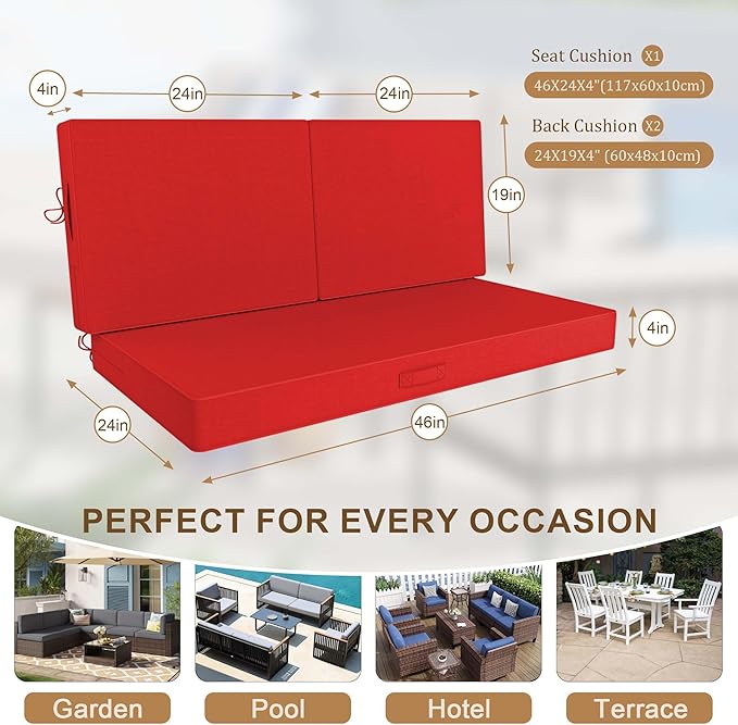 Outdoor Loveseat Cushion Set 46 x 26 Inch, Waterproof & Fade-Resistant Deep Seat Patio Cushions with Removable Cover, Ties & Hidden Zipper, Patio Love Seat Sofa Cushions for Sofa Bench Couch,Red