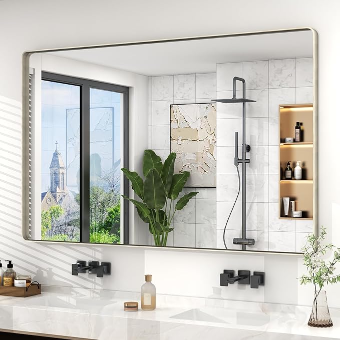 55x36 Inch Brushed Nickel Bathroom Mirror, Large Brushed Silver Metal Framed Wall Mirror, Rounded Corner Rectangle Modern Vanity Mirror, Tempered Glass, Anti-Rust, Shatterproof (Horizontal/Vertical)