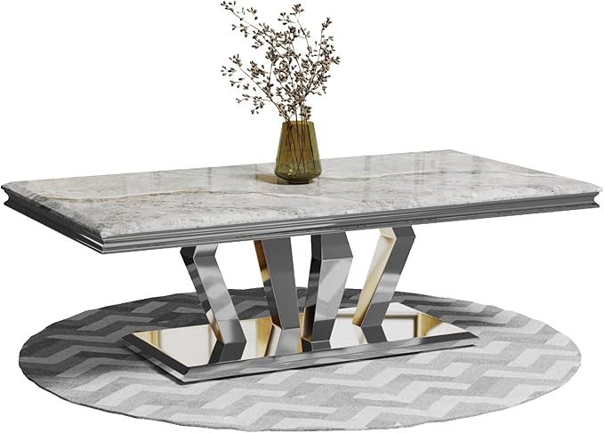 ACEDÉCOR Coffee Table, Silver Coffee Table with Four Geometric Mirror Bases, Rectangular CoffeeTable with Sturdy Metal Frame,48 inches Modern Coffee Table for Living Room, Office, Reception Room