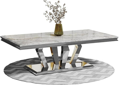 ACEDÉCOR Coffee Table, Silver Coffee Table with Four Geometric Mirror Bases, Rectangular CoffeeTable with Sturdy Metal Frame,48 inches Modern Coffee Table for Living Room, Office, Reception Room