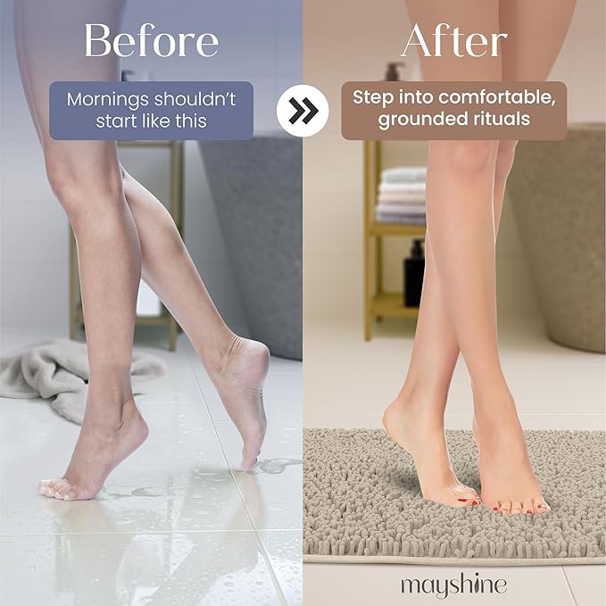 MAYSHINE Plush Shaggy Chenille Bath Mat | Extra Soft, Super Absorbent, Non-Slip Bathroom Rug | Fluffy Microfiber, Area Rug Sets for Bathroom Floor, Kitchen, Living Room | 39"x24" | Beige