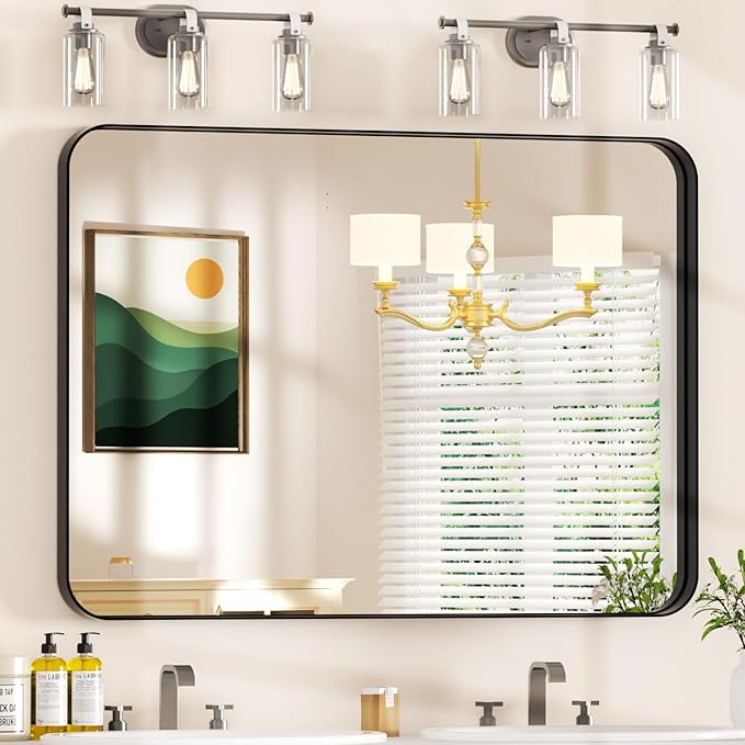 48×36 Rectangular Bathroom Mirrors for Over Sink - Aluminum Black Frame Mirror for Wall with Tempered Glass & Rounded Corners for Restroom, Entryway, Vanity, Horizontal/Vertical