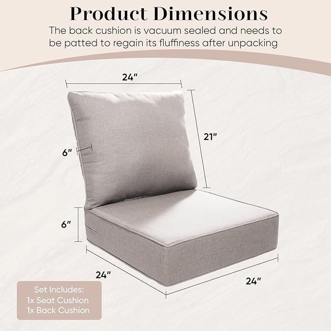 Outdoor Seat Cushion Set-24 x 24 x 6 Inch Outdoor Chair Cushions with Water Resistant & Removable Cover Outdoor Cushions for Patio Furniture Chair Sofa Couch-Beige