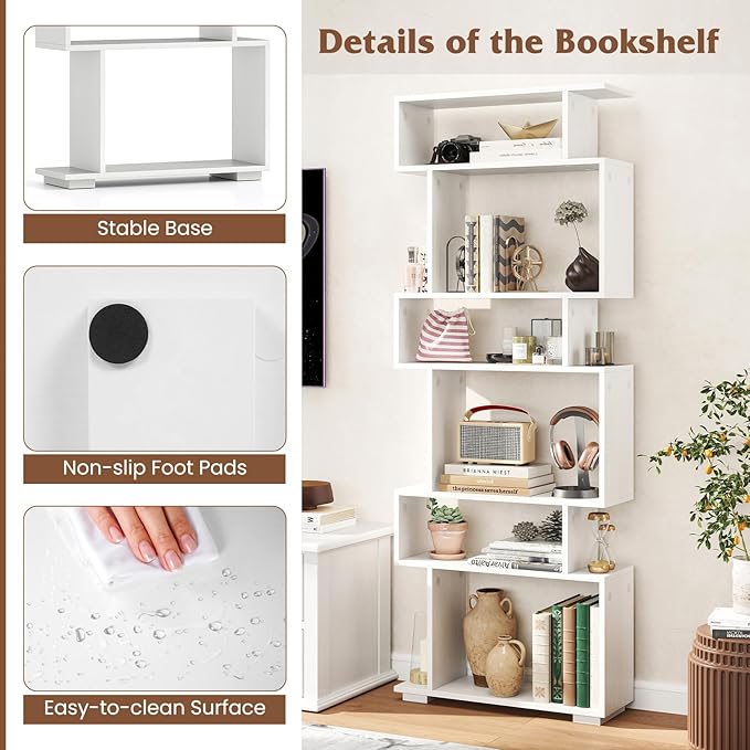 Tangkula 6-Tier S-Shaped Bookshelf, 64" Freestanding Geometric Bookcase, Home Office Wood Storage Shelf with Anti-Toppling Device, Room Divider Display Rack for Study, Living Room (2, White)