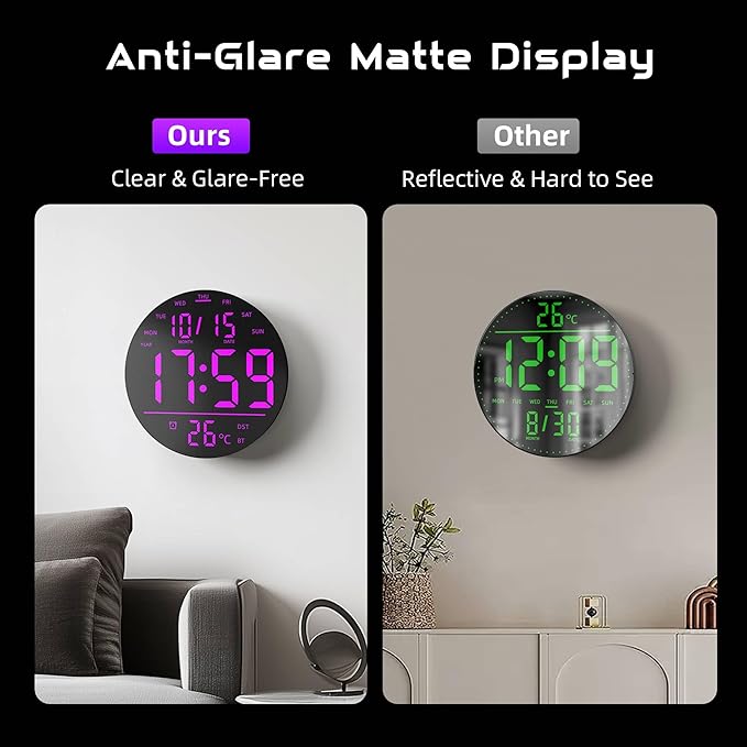 10" Large Digital Wall Clock with Remote Control, Music Sync RGB Atmosphere Light, Low-Reflectivity, Temperature, LED Display, Dual Alarms, BT Sync, Auto DST for Bedroom and Classroom