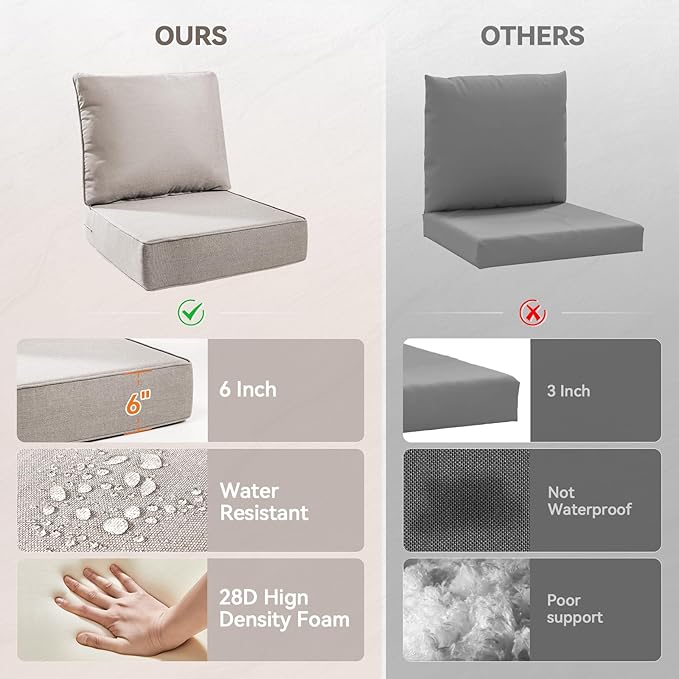 Luxury 6" Outdoor Cushions for Patio Furniture, 24x24x6 Thick Seat Cushion Set of 5, Fade Resistant Couch Chair Replacement Cushions High Density Deep Wicker Chair Cushion w/Removable Cover, Beige