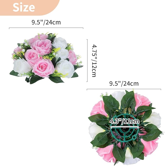 NUPTIO Pcs of 6 Fake Flower Ball Arrangement Bouquet,15 Heads Plastic Roses with Base, Suitable for Our Store's Wedding Centerpiece Flower Rack for Parties Valentine's Day Home Décor (Pink & White)