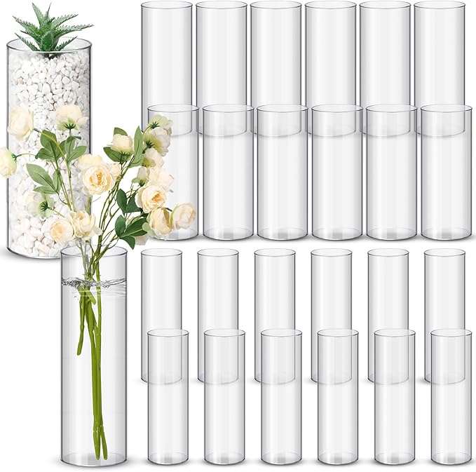 Nuogo 24 Pcs 10 Inch Acrylic Clear Cylinder Vase Plastic Flower Vase Unbreakable Tall for Wedding Centerpieces Party Home Plants Bouquet Decor