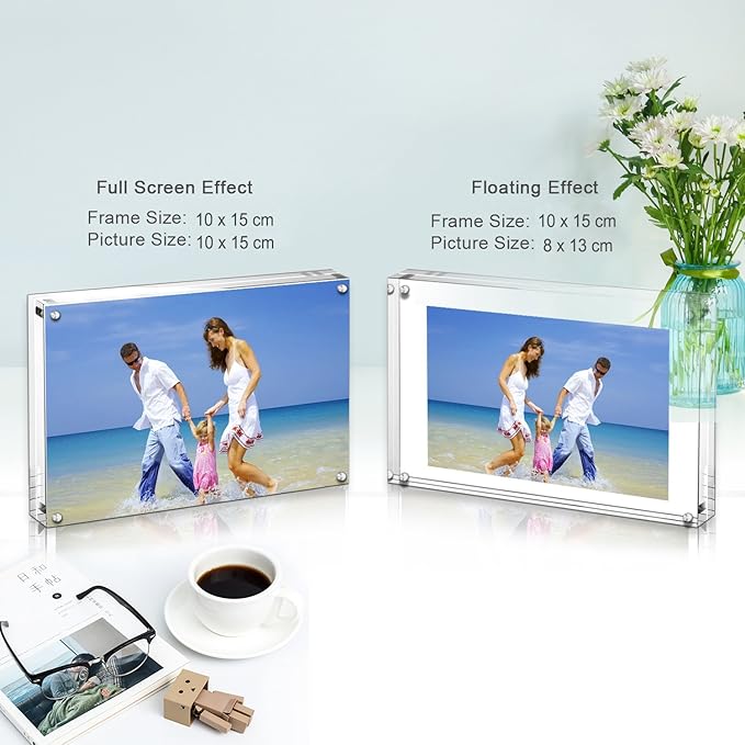 AMEITECH Acrylic Picture Frames, 4x6 inch Clear Double Sided Block Set, Desktop Frameless Magnetic Photo Frame