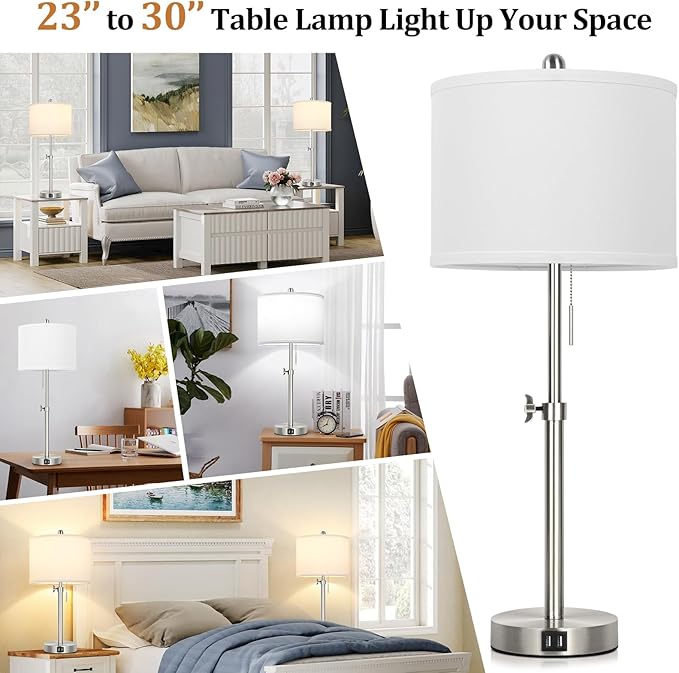Table Lamp Set of 2 for Bedroom, Bedside Lamp with 2 USB Ports, 23" to 30" Height Adjustable Tall Table Lamp for Living Room End Tables, Modern Silver Nightstand Lamp with Pull Chain