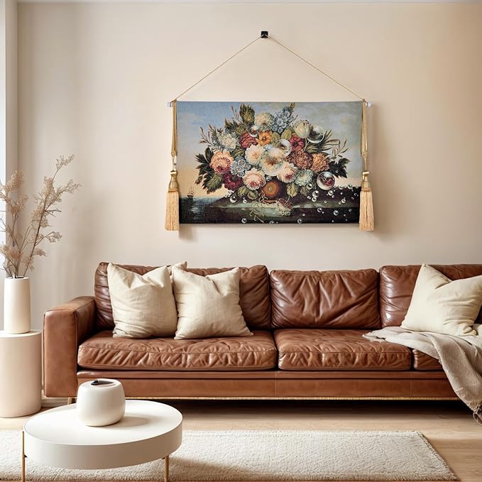 AureoMadis Vintage Floral Tapestry Wall Hanging Set with Telescopic Rod & Tassels - Jacquard Woven Fabric Aesthetic Flower Wall Tapestries for Bedroom/Living Room Decor Spring Botanical Art (27"x42")