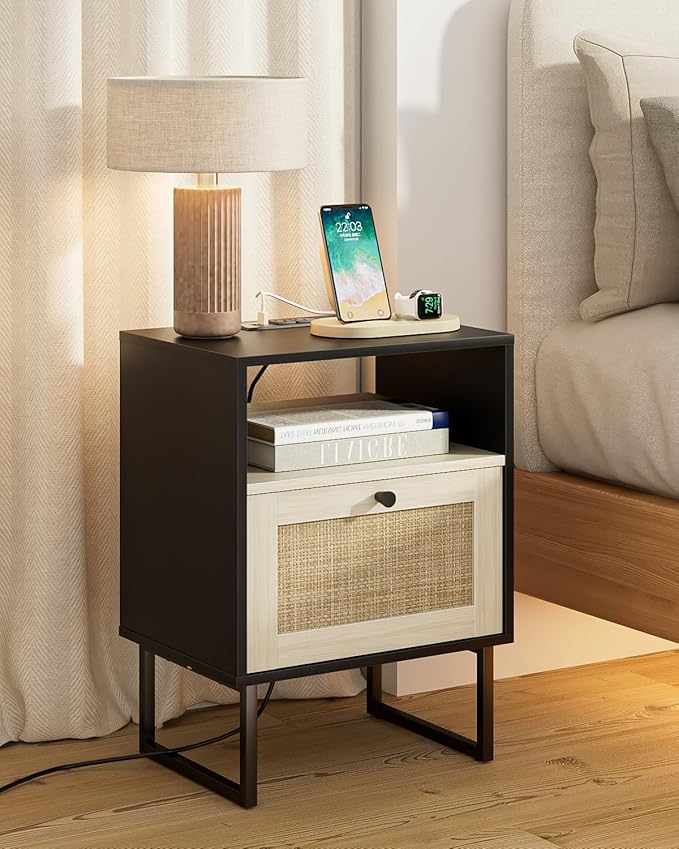 Rattan Nightstand with Charging Station, Boho Night Stand Farmhouse Wood Bedside Table with Storage and Open Shelf, End Side Accent Table for Bedroom,Living Room,Black and Oak