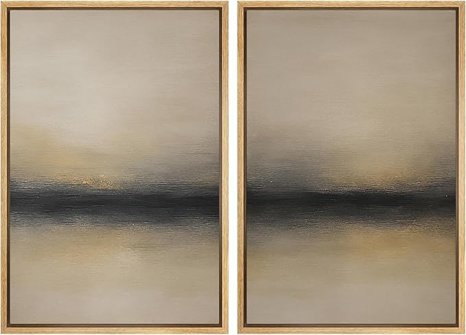 MUDECOR Framed Canvas Print Wall Art Abstract Sunset Horizon Modern Minimalist Beige and Black Illustrations Modern Art Decorative Bohemian for Living Room, Bedroom, Office - 24"x36"x2 Natural