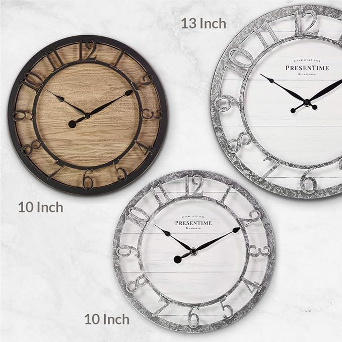 Presentime & Co 10" Farmhouse Series Wall Clock, Quartz Movement, Shiplap Style, Raised 3D Arabic Numeral, Galvanized Finish