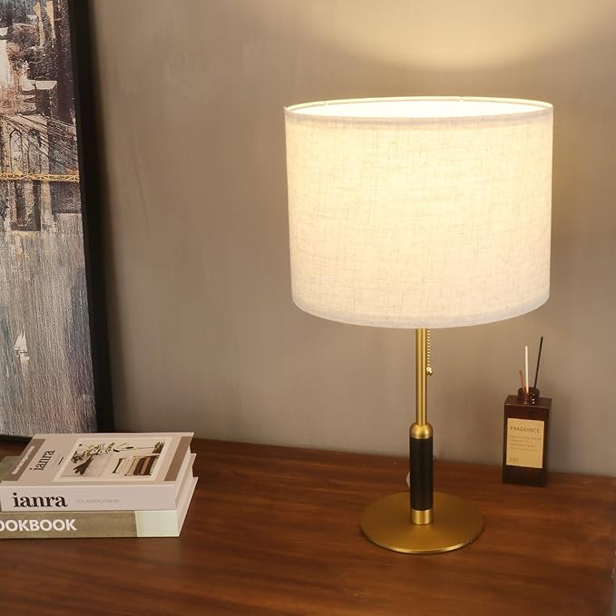 21" Set of 2 Modern Table Lamp Bedside Lamps for Bedroom Living Room Nightstand Lamp for End Tables 3-Color Temperatures Pull Chain Wood Fabric for Home Office Desk Decor (Light Brown+Brass)