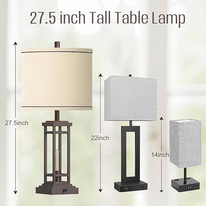 ROTTOGOON 27.5 Tall Farmhouse Table Lamp with USB C + USB A Charge Ports, Rustic Living Room Lamp, Black Industrial End Table Lamp for Bedroom Living Room Nightstand (Oil-Rubbed Bronze)