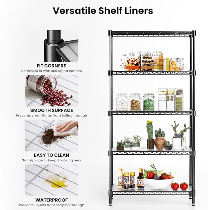 72" H Storage Shelves 5 Tier Wire Shelving with Shelf Liners, Adjustable Metal Garage Shelving, 1325LBS Heavy Duty Commercial Storage Rack for Pantry Kitchen, 35" W x 16" D x 72" H, Black