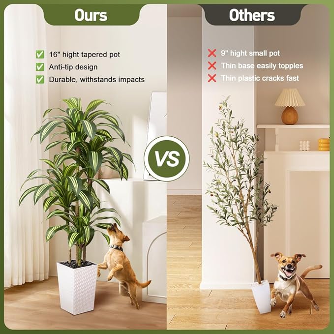 Artificial Dracaena Tree 6ft – UV Resistant Tall Fake Plant with Large Taper Planter & Pebbles– Large Potted Faux Tree for Indoor & Outdoor, Living Room, Office, Porch, Home Decor, VN127