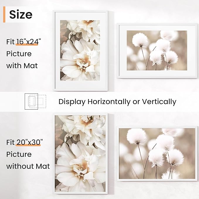 20x30 inch Picture Frame, 20x30 Photo Frames with 16x24 Removable Mat - High Definition Plexiglass - Vertical and Horizontal Display - Wall Hanging Poster Frame - White, 5 Pack