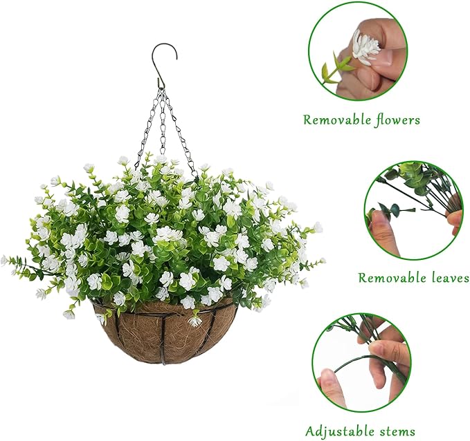 Artificial Hanging Flowers Basket, 12 UV-Resistant Bundles of Realistic Fake Flowers, Faux Plants for Outdoor Decor, Home, Garden, Porch, Patio, Spring & Summer Decorations, White