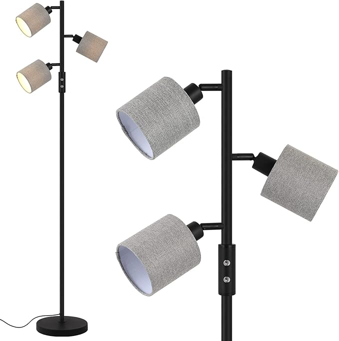 BoostArea Floor Lamps for Living Room, 3 Color Temperature, 3-Light Tree Standing Lamp, Minimalist Floor Lamp with Grey Lamp Shades Modern Pole Lamp for Bedroom Office Kids Room, Black (5W LED Bulbs)