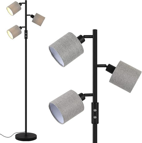 BoostArea Floor Lamps for Living Room, 3 Color Temperature, 3-Light Tree Standing Lamp, Minimalist Floor Lamp with Grey Lamp Shades Modern Pole Lamp for Bedroom Office Kids Room, Black (5W LED Bulbs)