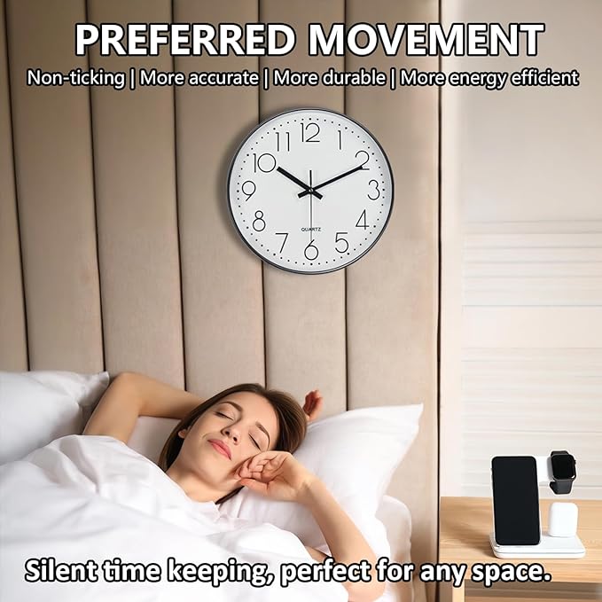 Modern Silent Wall Clock - 12 Inch Wall Clocks Battery Operated Large Number, Non-Ticking Analog Clock with Tempered Glass Quartz Clocks for Living Room Bedroom Office Kitchen, White Black