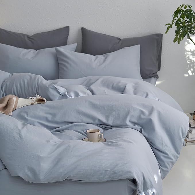 MooMee Twin Duvet Cover Set, 100% Washed Cotton Linen Like Twill Thick Sturdy Material Super Soft Breathable Durable Bedding for All Season, 2 Pieces (Cornflower Blue, Twin 68"x90")