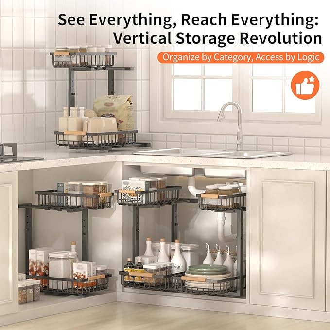 Under Sink Organizer, Under Sink Organizers and Storage, 2-Tier Pull Out Under Cabinet Organizer Storage Shelf, Metal Frame, Height Adjustable Rack for Bathroom Kitchen Pantry
