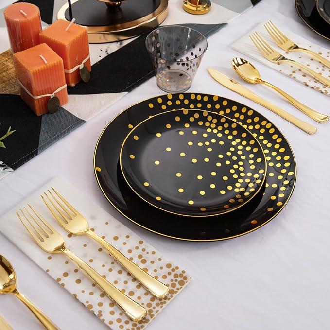 U-QE 350PCS Black and Gold Plastic Dinnerware Set - Graduation Plates and Napkins 2025 - Graduation Party Supplies Include Gold Dot Plastic Plates, Gold cutlery, Napkins, Cups(50 Guests)