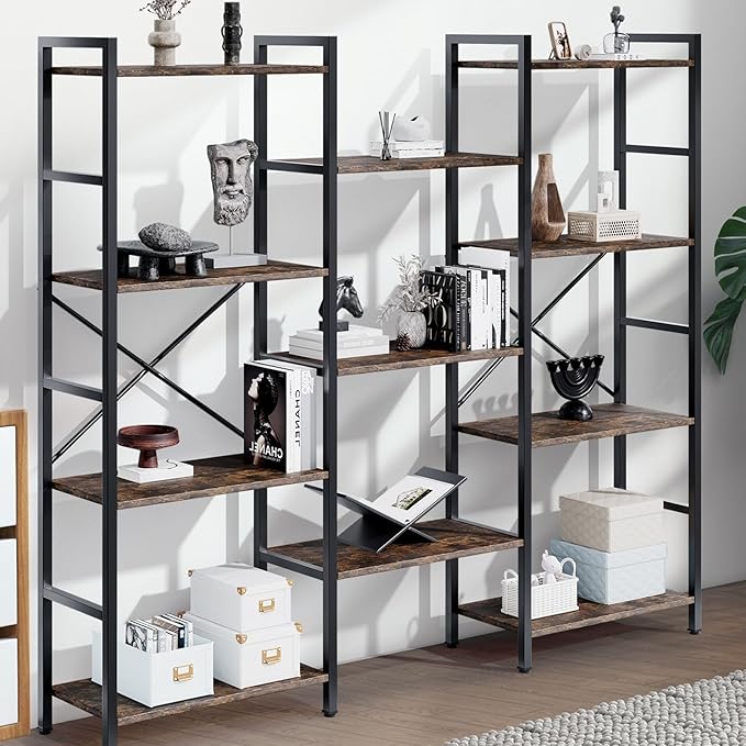 Triple 4 Tier Book Shelf, Modern Bookcase Shelf, Freestanding Large Display Shelves for Living Room/Office/Garage, Stable Large Bookshelf with Storage for Books/Lego/Plants, Rustic Brown