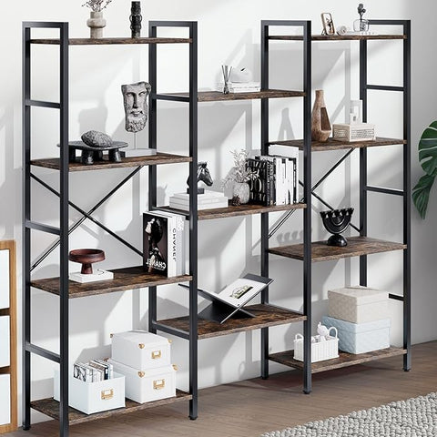 Triple 4 Tier Book Shelf, Modern Bookcase Shelf, Freestanding Large Display Shelves for Living Room/Office/Garage, Stable Large Bookshelf with Storage for Books/Lego/Plants, Rustic Brown