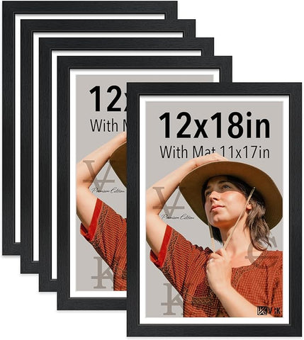 VCK 12x18 Picture Frame 5 Pack - with Mat 11x17, Solid Wood Poster Frame with HD Glass, Black Exclusive Wood Grain, Wall & Gallery Display