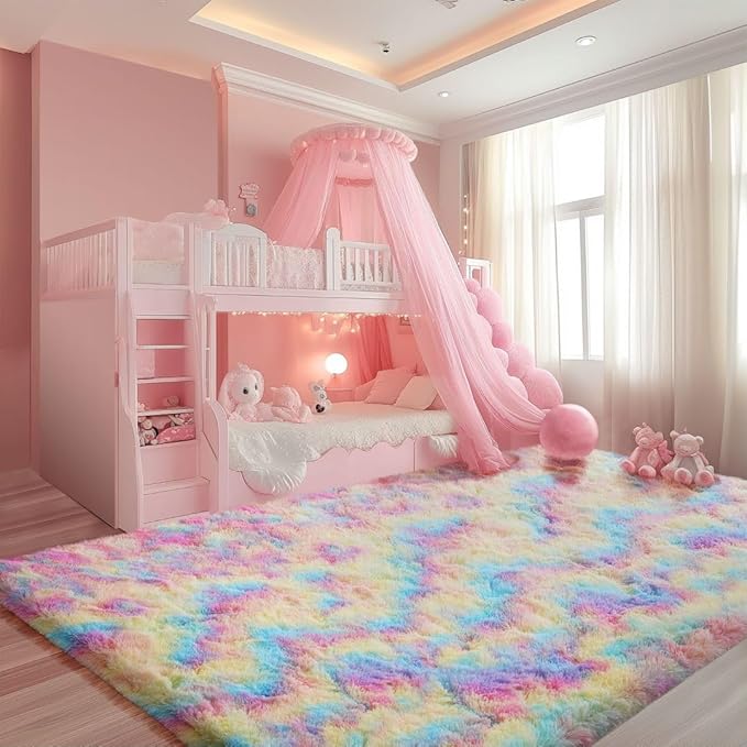 Rainbow Area Rugs for Girls Bedroom, 6x9 Fluffy Fuzzy Shaggy Carpet for Kids Playroom Nursery Living Room, Thick Soft Plush Mat for Kids Baby Boys Teen Dorm Home Decor Aesthetic