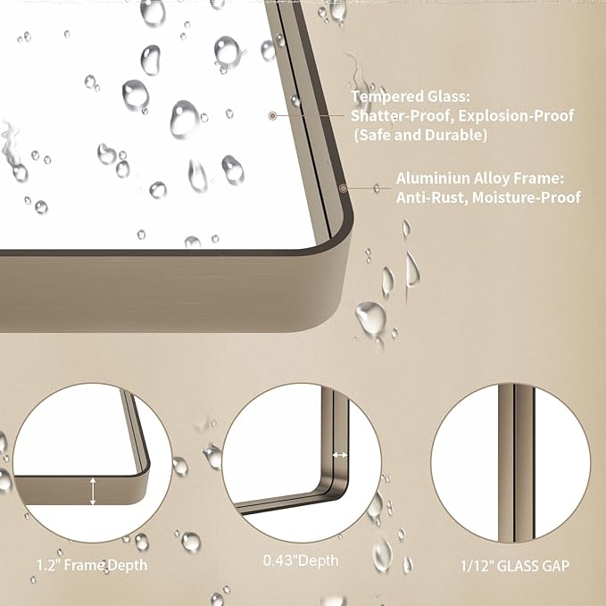 LOAAO 36”X36” Bronze Bathroom Mirrors for Vanity, Rounded Rectangle Brushed Bronze Metal Frame Mirror, Anti-Rust, Tempered Glass, Hangs Horizontally or Vertically