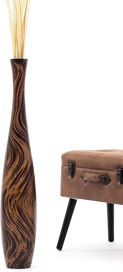Leewadee Large Brown Light Brown Home Decor Floor Vase – Wooden 34 inches Tall Farmhouse Decor Flower Holder for Fake Plant and Pampas Grass