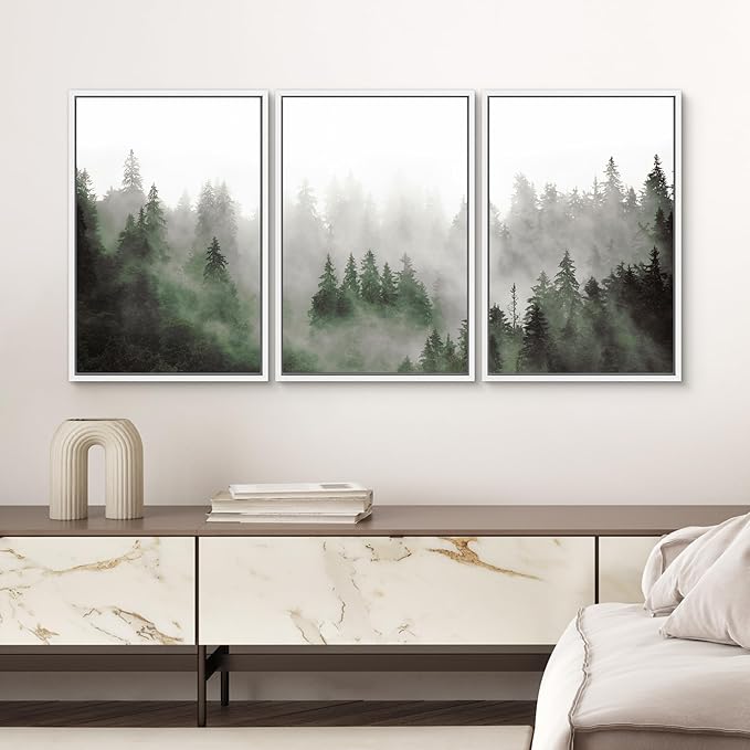 SIGNWIN Framed Canvas Print Wall Art Woodland Nursery Decor Set Fog & Mist Over Green Pine Tree Forest Nature Wilderness Modern Art Chic Landscape for Living Room, Bedroom, Office - 16"x24"x3 White