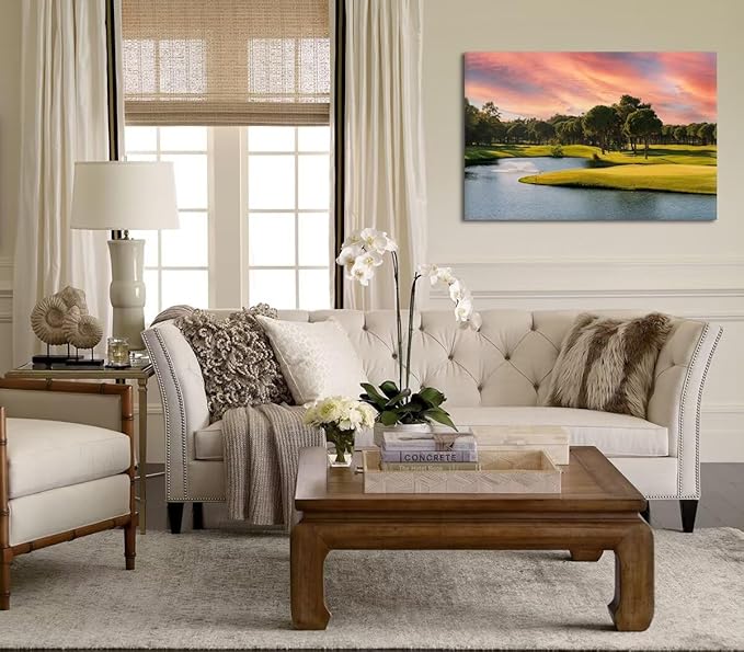 Sunset Golf Course Wall Art for Living Room Bedroom Bathroom Home Decorations Golf Course Picture Poster Print on Canvas Modern Artwork Framed Ready to Hang(12''H x 16''W)