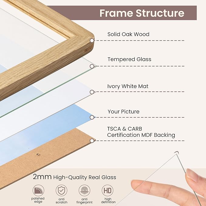 12x16 Picture Frame - Solid Oak Wood 12x16 Poster Frame, 12''x16'' Picture Frame With Mat For 8.5x11, Tempered Glass and Hanging Hardware Included, 16 By 12 Frame Wood, Natural Oak