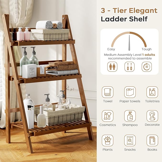 Bamboo Ladder Shelf Plant Shelf, 3 Tier Foldable Ladder Flower Pot Display Shelf Rack, Freestanding Ladder Bookshelf for Garden, Balcony, Yard, Patio, Lawn, Living Room, 23.6"W x 15"D x 39.4"H, Walnut