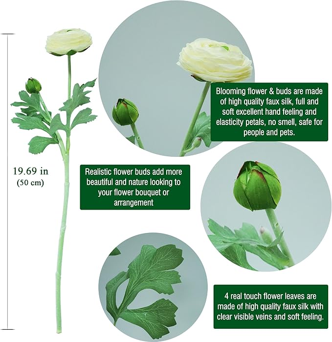 10PCS Artificial Ranunculus Flowers with Real Touch Stem Silk Ranunculus Blooming Flowers Faux Leave for Home Decor Bouquet Ivory Artificial Mums