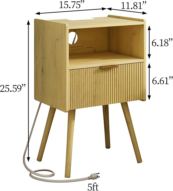 Nightstand with Outlet,Modern Bedside Table with Storage Drawer and Open Wood Shelf, for Living Room, Bedroom and Small Spaces, Accent Night Stand with Solid Wood Legs, Easy Assembly,Yellow Oak