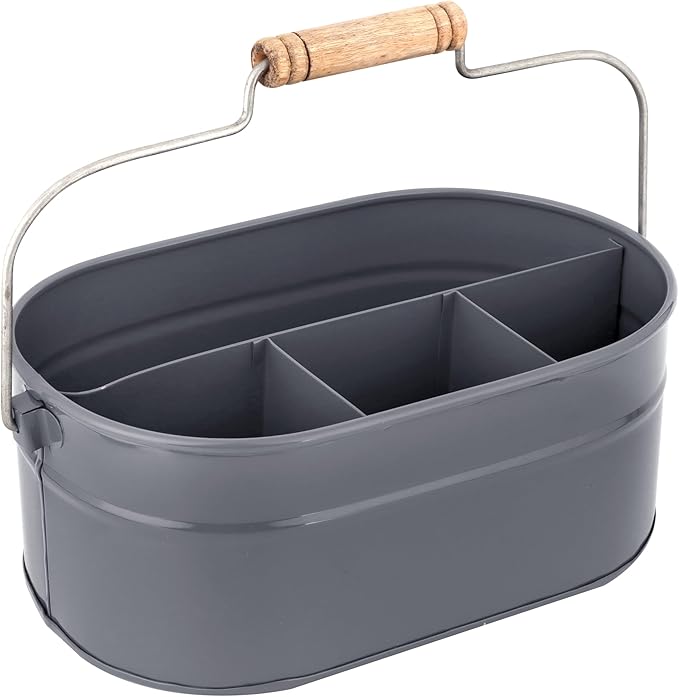 Alpha Living Home Silverware Caddy with Handle, Mulip-pose Organizer for Kitchen, Farmhouse Caddy Organizer - 4-Compartment Iron & Wood Handle Cutlery Holder, Office & Bathroom Storage, Grey