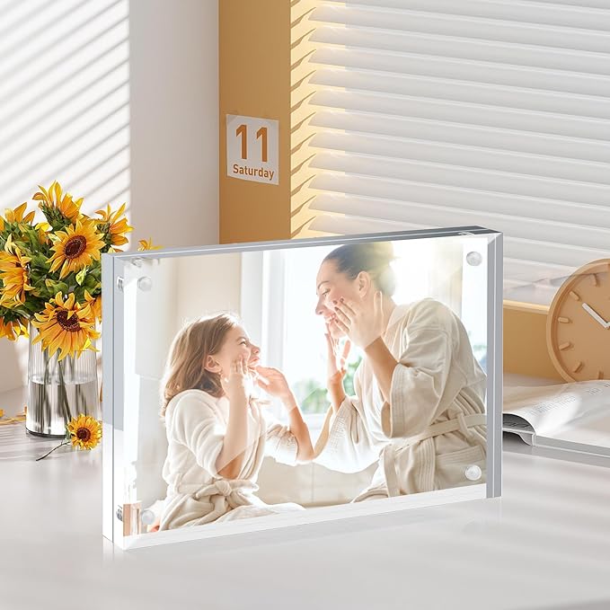 24 Pcs Acrylic Picture Frames, Clear Picture Frames Frameless Magnetic Picture Frame Double Sided Magnetic Photo Frame Free Standing Desktop Display Stand for Bedroom Living Room Home (Transparent, 4X6)