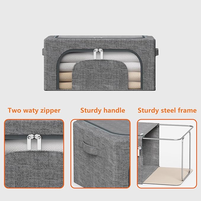22L Stackable Clothes Storage Bins with Metal Frame, 4 Piece Stackable Clothes Organizer with Double Opening + Clear Window Design for Cabinets, Under Beds, Storage and Garage Gray