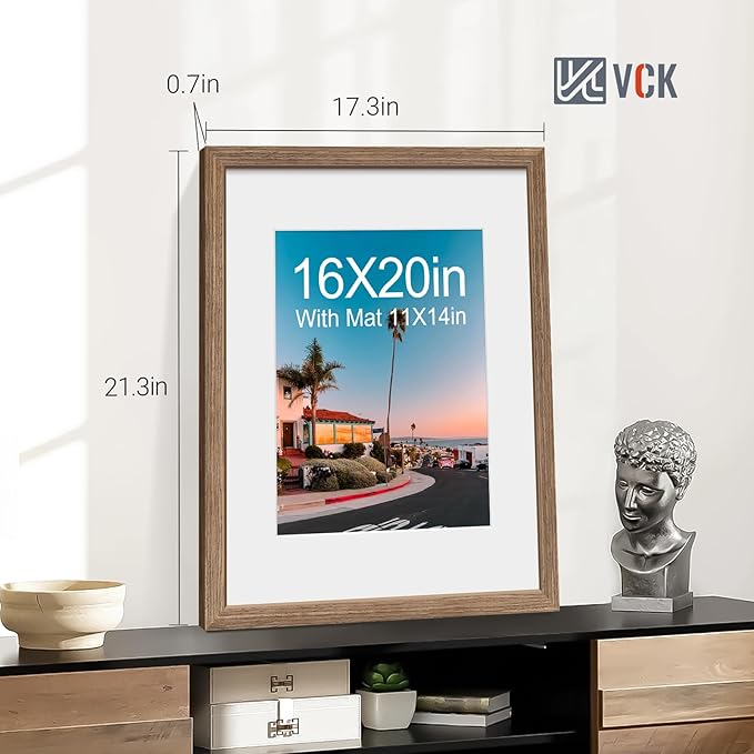 VCK 16x20 Picture Frame 5 Pack - Walnut, High-End Wood Poster Frames with Tempered Glass, Display 11x14 Photo with Mat or 16x20 without Mat, Art Gallery-Quality, Wall Hanging, Walnut