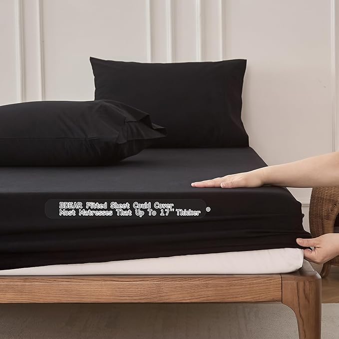 6PS Linen Like Bedding Sheet Sets Black Queen Size Cotton Bedding Set Oeko-TEX Standard 100% Washed Cotton Deep Pocket Queen Size Fitted Sheet Plus Cozy Flat Sheet and 4 Pillowcases