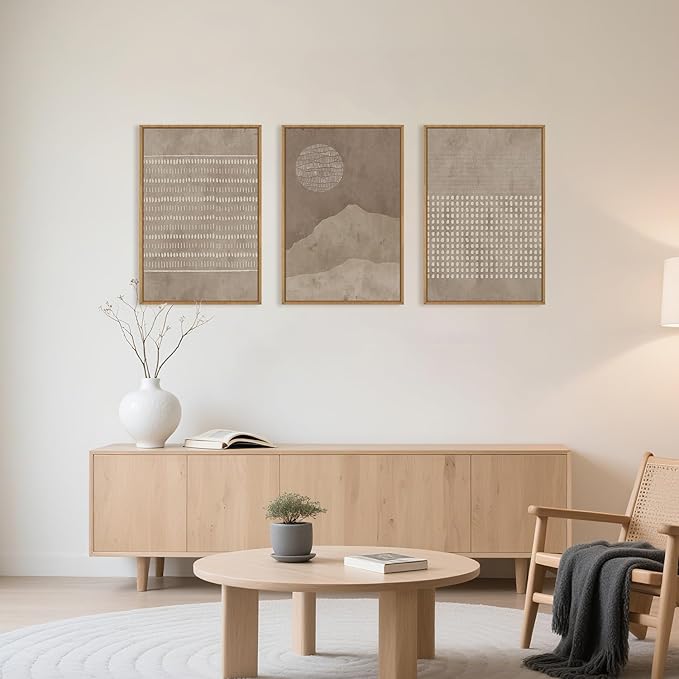 Aryroi Large Mid Century Tan and Beige Framed Canvas Wall Art,Neutral Lines Dots Wall Decor,Abstract Sunset and Mountain Artwork,Boho Textured Shapes Art Print for Living Room,Bedroom,Office-24"x36"x3